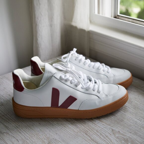 Veja Shoes - Veja V-12 Women's Leather White Marsala Shoes | Size 10